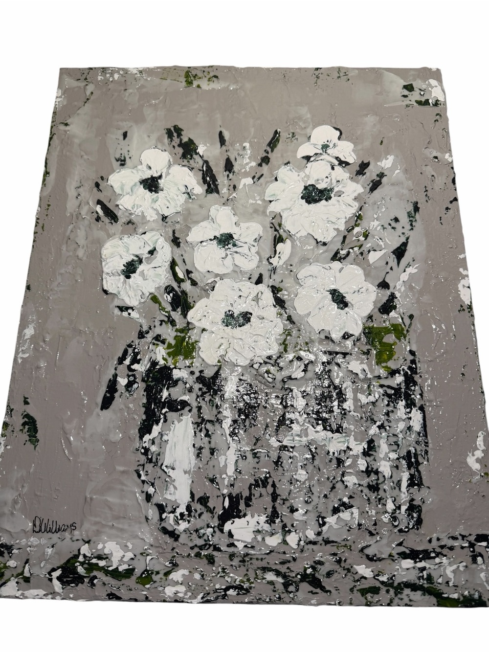 Original Artwork Blooms Textured White with Dark Green on Gray 16 x 20" - Picture 12 of 16